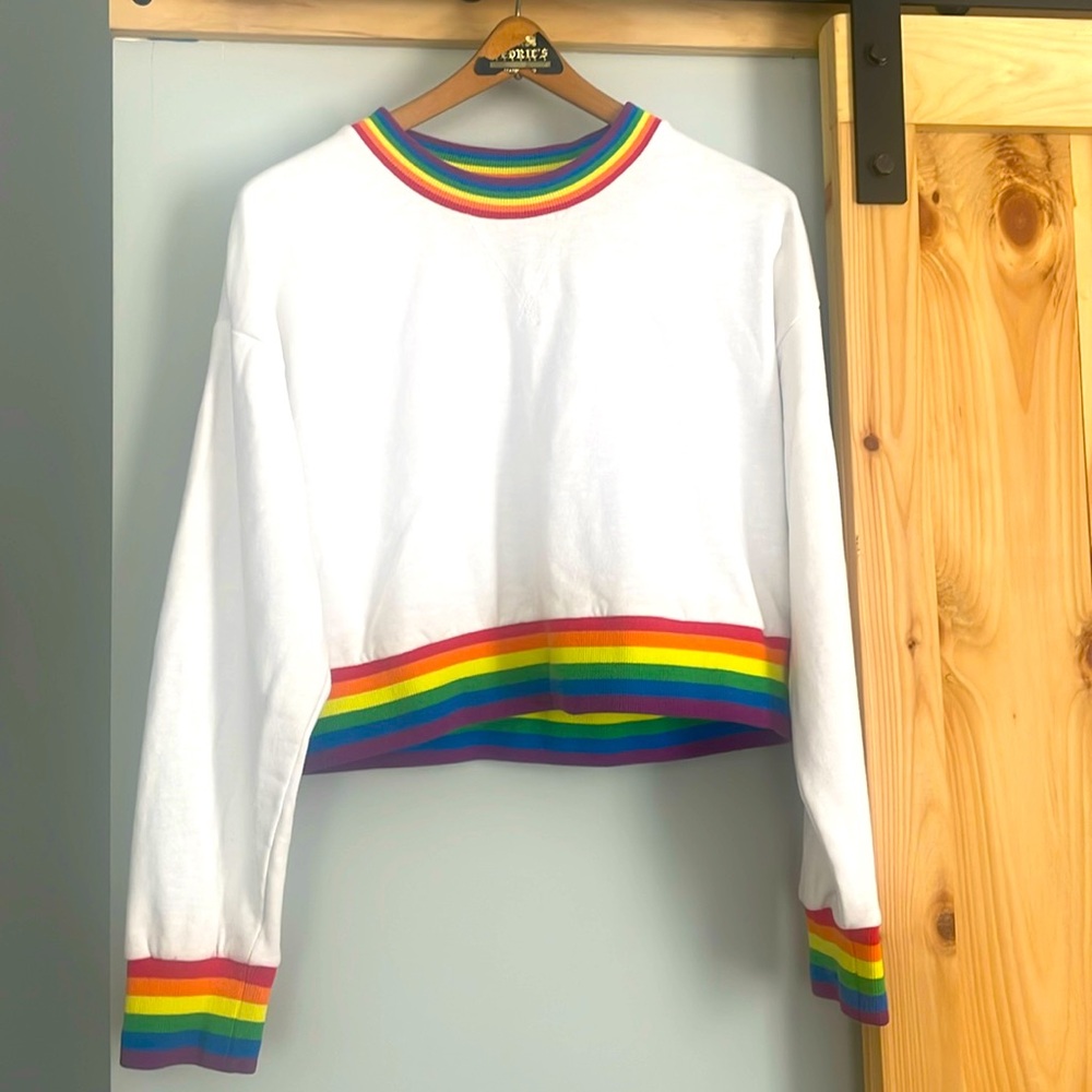 Pride Crop Sweatshirt White w/Rainbow Trim